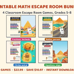 Printbaar wiskunde escape room pakket voor groep 5-8, Pi-dag, algebra, procenten, breuken afbeelding 1