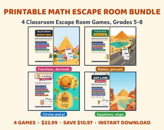 May include: A printable math escape room bundle featuring four classroom games for grades 5-8. Titles include Roller Coaster Repair Crew, Tour Bus Breakdown, Pi Bakery Mix-Up, and Zip-Line Inspection, covering fractions, decimals, ratios, and pi.