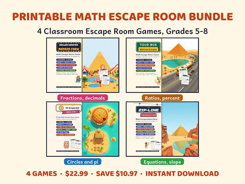 Printbaar wiskunde escape room pakket voor groep 5-8, Pi-dag, algebra, procenten, breuken afbeelding 1