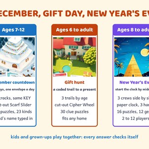 Paquete imprimible de Escape Room, Vacaciones de invierno en familia, Cuenta regresiva de diciembre, Nochevieja, Búsqueda de regalos imagen 2