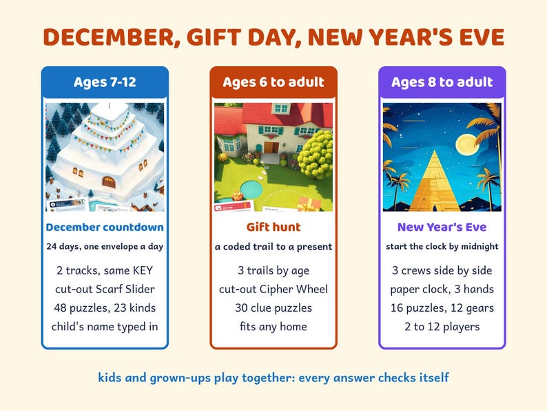 Paquete imprimible de Escape Room, Vacaciones de invierno en familia, Cuenta regresiva de diciembre, Nochevieja, Búsqueda de regalos imagen 2