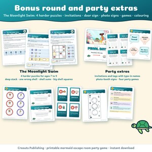 Bonus round and party extras: The Moonlight Swim with 4 harder puzzles, invitations, a door sign, photo-booth signs, games, a colouring page, badges and posters