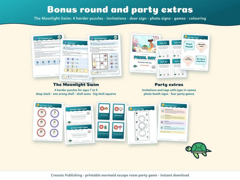 Bonus round and party extras: The Moonlight Swim with 4 harder puzzles, invitations, a door sign, photo-booth signs, games, a colouring page, badges and posters