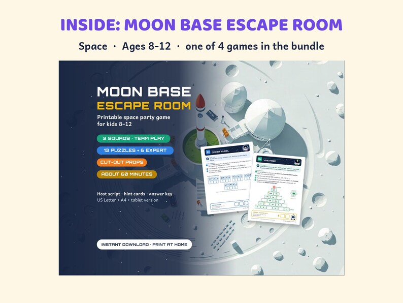 Printable Escape Room Bundle for Kids 6-12, Birthday Party Games, Space, Dinosaur, Jungle, Sky image 6