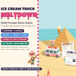 Math Escape Room for Grades 3-4, Ice Cream Truck Meltdown, Printable Classroom Game image 1