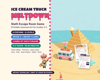 Juego de escape matemático para 3.º y 4.º de primaria: El derrumbe del camión de helados. Juego imprimible para el aula.