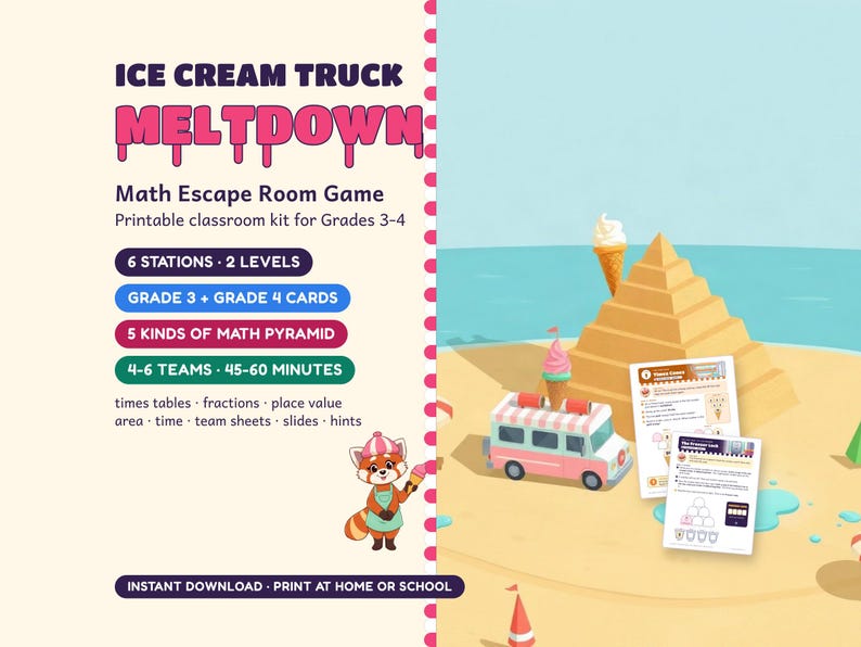 Math Escape Room for Grades 3-4, Ice Cream Truck Meltdown, Printable Classroom Game image 1