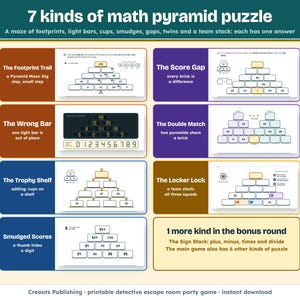 The 7 kinds of math pyramid puzzle: The Trophy Shelf, The Score Gap, Smudged Scores, The Wrong Bar, The Footprint Trail, The Double Match and The Locker Lock