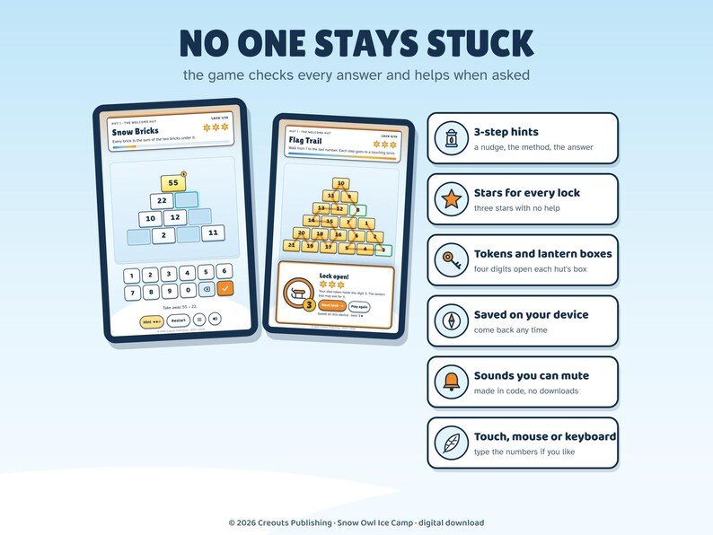 Snow Owl Ice Camp, Math Escape Room for Kids 8-12, Browser Game + Printable PDF image 6
