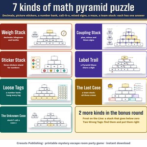 The 7 kinds of math pyramid puzzle: Weigh Stack, Sticker Stack, Loose Tags, The Unknown Case, Coupling Stack, Label Trail and The Last Case