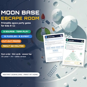 May include: A printable Moon Base Escape Room game for kids 8-12 featuring 13 puzzles, 6 expert challenges, cut-out props, and a 60-minute duration. Includes a host script, hint cards, answer key, and US Letter, A4, and tablet versions.