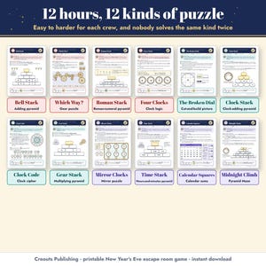 The 12 hours, 12 kinds of puzzle, from Bell Stack and Which Way? to Calendar Squares and Midnight Climb