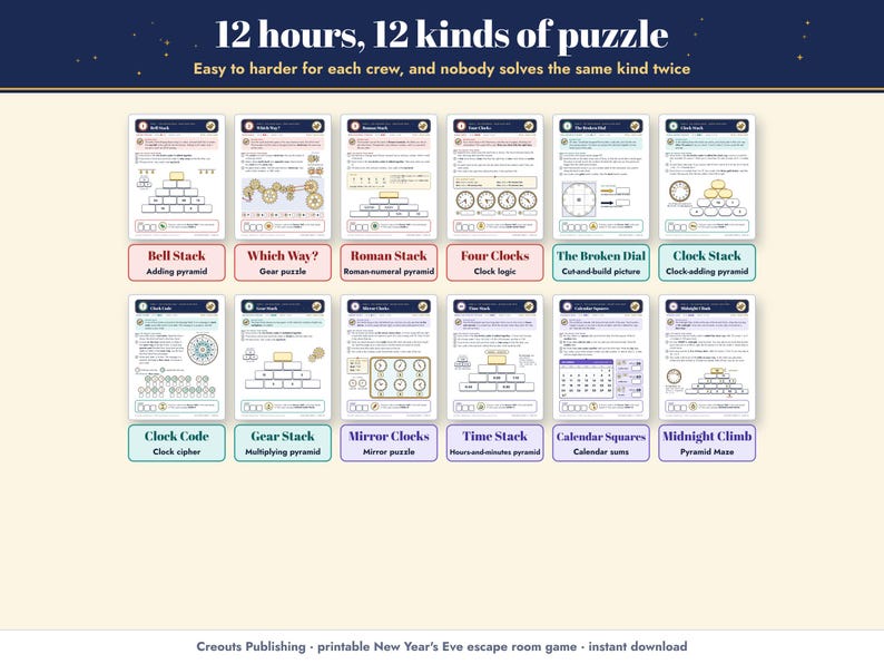 The 12 hours, 12 kinds of puzzle, from Bell Stack and Which Way? to Calendar Squares and Midnight Climb