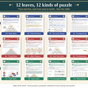 The 12 leaves, 12 kinds of puzzle on three benches, from Book Stack and Thread Maze to The Smudged Numbers and Whose Book?