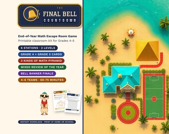 May include: A printable math escape room kit titled The Final Bell Countdown for grades 4-5. Includes 6 stations, 2 levels, grade 4 and 5 cards, 3 math pyramids, a mixed review, and a bell banner. Features a meerkat and a beach scene graphic.