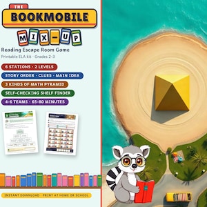 Puede incluir: El kit imprimible ELA The Bookmobile Mix-Up Reading Escape Room Game para grados 2-3 incluye 6 estaciones, 2 niveles, orden de historias, pistas, idea principal, pirámides matemáticas, buscador de estantes y 4-6 equipos.