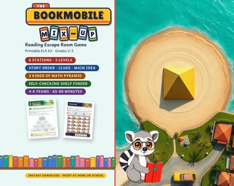 May include: The Bookmobile Mix-Up Reading Escape Room Game printable ELA kit for grades 2-3 features 6 stations, 2 levels, story order, clues, main idea, math pyramids, a shelf finder, and 4-6 teams for 65-80 minutes of play.