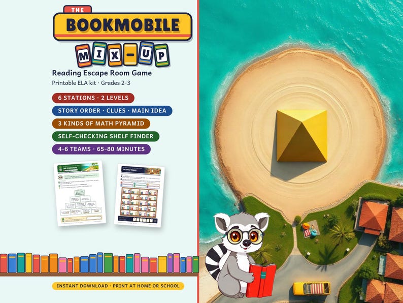 Reading Escape Room for Grades 2-3, The Bookmobile Mix-Up, Printable ELA Game imagen 1