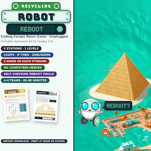Puede incluir: Un kit de juego de escape de codificación imprimible titulado Recycling Robot Reboot para los grados 3-5. Incluye 6 estaciones, 2 niveles, pirámides matemáticas y actividades sin computadora con un robot y una pirámide.