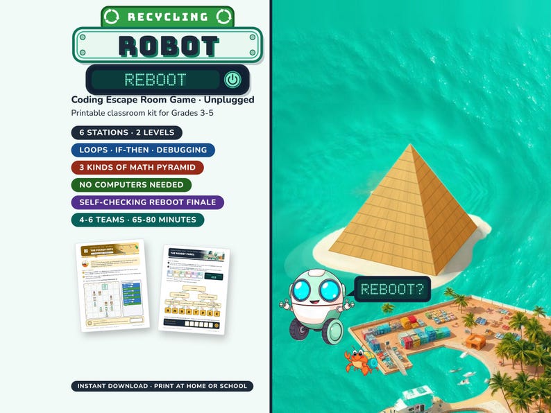 Coding Escape Room for Grades 3-5, Recycling Robot Reboot, Unplugged Printable Game image 1
