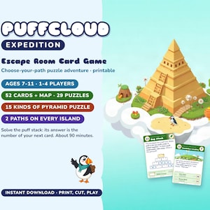 May include: Puffcloud Expedition escape room card game featuring a pyramid on a cloud, a puffin character, and game cards. Text includes: Puffcloud Expedition, Escape Room Card Game, Ages 7-11, 1-4 players, 52 cards, 29 puzzles, 15 kinds of pyramid puzzle, 2 paths on every island.