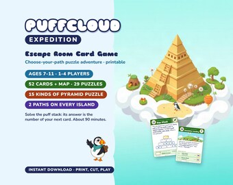 Juego de cartas Escape Room para niños de 7 a 11 años, Expedición Puffcloud, Aventura de rompecabezas imprimible con opción de elegir tu camino