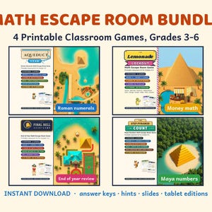 Puede incluir: Un paquete de juegos de escape matemáticos con cuatro juegos imprimibles para los grados 3-6. El conjunto incluye Aqueduct Leak, Lemonade Lockout, Final Bell Countdown y The Step Pyramid Count, con temas sobre números romanos, dinero y números mayas.