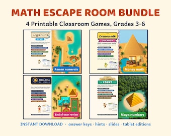 May include: A Math Escape Room Bundle featuring four printable classroom games for grades 3-6. The set includes Aqueduct Leak, Lemonade Lockout, Final Bell Countdown, and The Step Pyramid Count, with themes covering Roman numerals, money math, and Maya numbers.