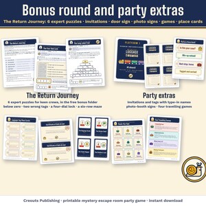 Bonus round and party extras: The Return Journey with 6 expert puzzles, invitations, a door sign, photo-booth signs, games, place cards and posters