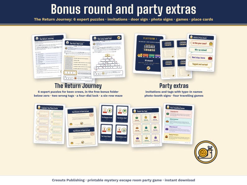Bonus round and party extras: The Return Journey with 6 expert puzzles, invitations, a door sign, photo-booth signs, games, place cards and posters