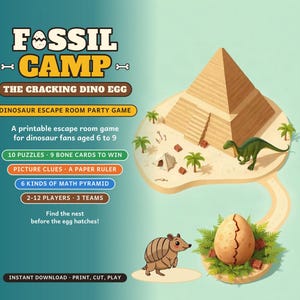 Dinosaur Escape Room for Kids 6-9, Fossil Camp, Printable Party Game with Bone Cards