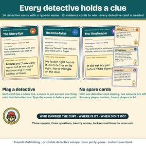 14 detective cards, each with a name line, a move to act out and something only that detective saw, and 12 evidence cards with gold letters