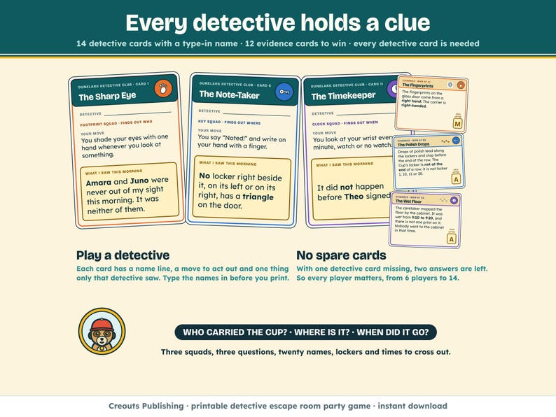 14 detective cards, each with a name line, a move to act out and something only that detective saw, and 12 evidence cards with gold letters