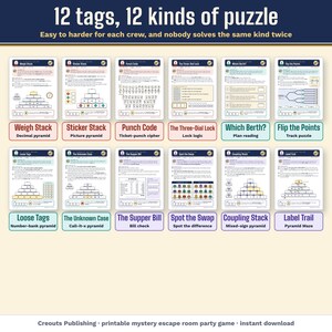 The 12 tag puzzles, 12 kinds of puzzle, from Weigh Stack and Punch Code to Spot the Swap and Label Trail