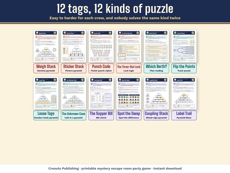 The 12 tag puzzles, 12 kinds of puzzle, from Weigh Stack and Punch Code to Spot the Swap and Label Trail