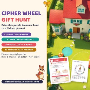 Cipher Wheel Gift Hunt, Printable Treasure Hunt to a Hidden Present, Cut-Out Decoder Wheel, Puzzle Clues for Kids 6-12 & Adults