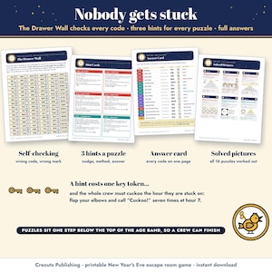 Nobody gets stuck: the self-checking Drawer Wall, three hints for every puzzle, an answer card and solved pictures
