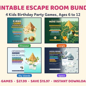 Printable Escape Room Bundle for Kids 6-12, Birthday Party Games, Space, Dinosaur, Jungle, Sky