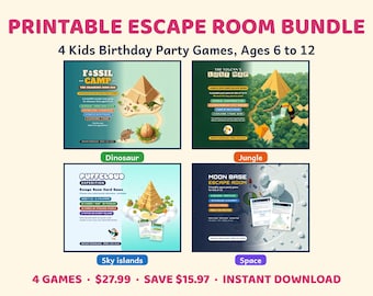 Op de afbeelding: Een printbaar escape room pakket met vier themaspellen voor kinderen van 6 tot 12 jaar. De set bevat Fossil Camp, The Toucan's Lost Map, Puffcloud Expedition en Moon Base Escape Room, elk met unieke afbeeldingen en spelspecificaties.