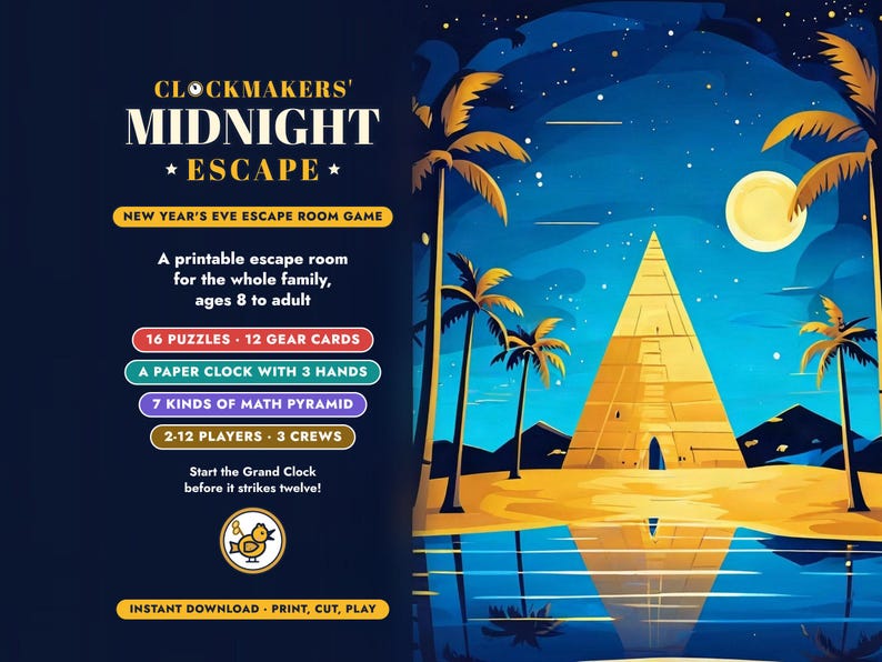 Clockmakers' Midnight Escape, a printable New Year's Eve escape room game for families: a golden pyramid with a sharp pointed top beside calm water at night, with palm trees and a full moon