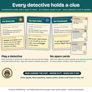14 detective cards, each with a name line, a move to act out and something only that detective saw, and 12 evidence cards with gold letters