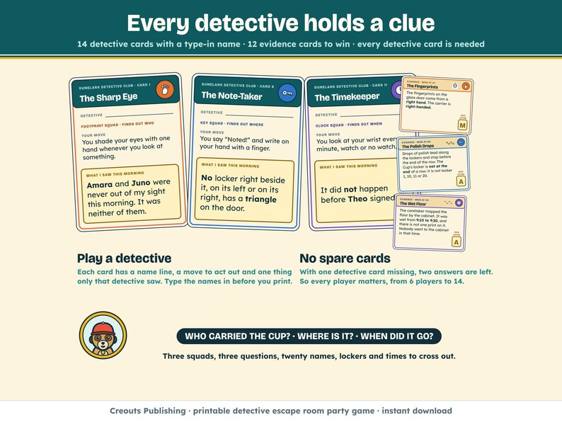 14 detective cards, each with a name line, a move to act out and something only that detective saw, and 12 evidence cards with gold letters