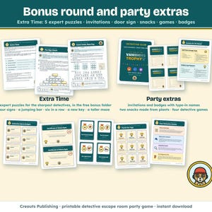 Bonus round and party extras: Extra Time with 5 expert puzzles, invitations, a door sign, snacks made from plants, games, name badges and posters