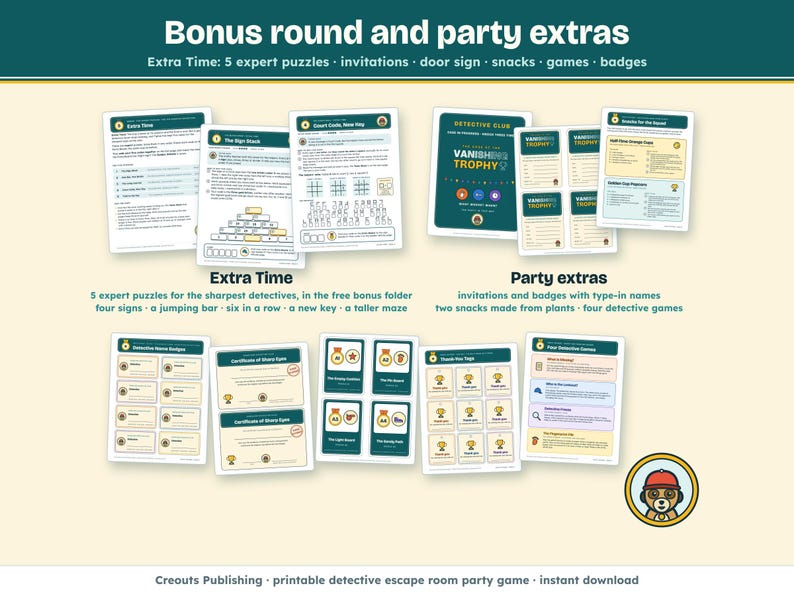 Bonus round and party extras: Extra Time with 5 expert puzzles, invitations, a door sign, snacks made from plants, games, name badges and posters