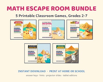 Math Escape Room Bundle for Grades 2-7, 5 Printable Classroom Games