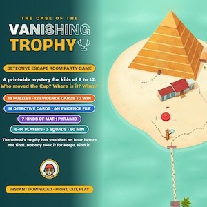 The Case of the Vanishing Trophy, a printable detective escape room party game for kids of 8 to 12: a golden pyramid on a sand island in turquoise water seen from high above, with a small school and a sports court beside it