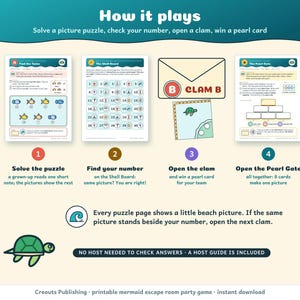 How it plays: solve a picture puzzle, find your number on the Shell Board, open a clam envelope and win a pearl card, then open the Pearl Gate together