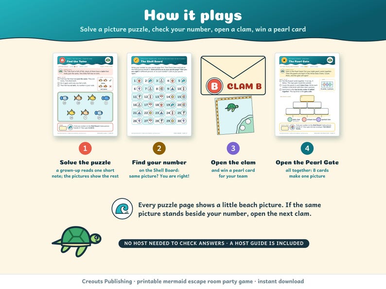 How it plays: solve a picture puzzle, find your number on the Shell Board, open a clam envelope and win a pearl card, then open the Pearl Gate together