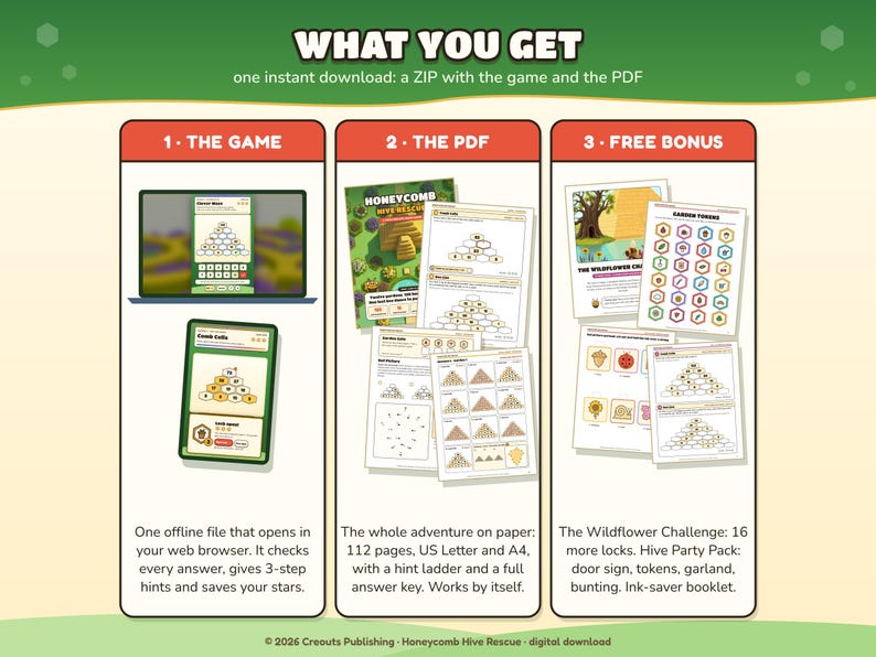 Math Escape Room Game for Kids 7-10, Honeycomb Hive Rescue, Browser + Printable PDF image 2