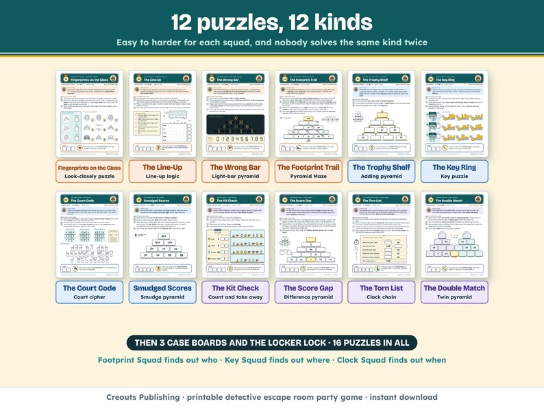 The 12 evidence puzzles, 12 kinds of puzzle, from Fingerprints on the Glass and The Line-Up to The Torn List and The Double Match